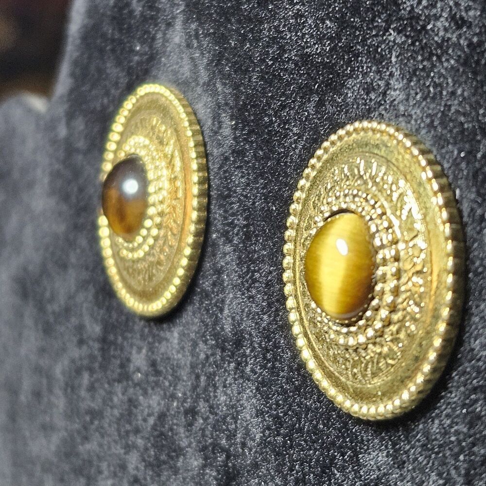 **Final Sale** Vintage 1928 Gold Tone Round Brown Tiger's Eye Earrings - Picture 5 of 12
